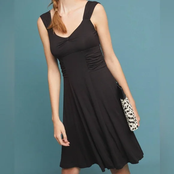 Anthropologie Maeve Coryphee Black Stretchy Knit Jersey Dress Size XS Ruched - Picture 3 of 8